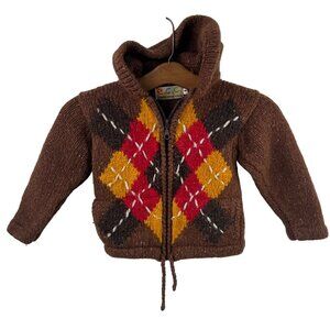 ECC Sweater Toddler Size 4 Wool Full Zip Hooded Brown Diamond Cozy Knit Comfort